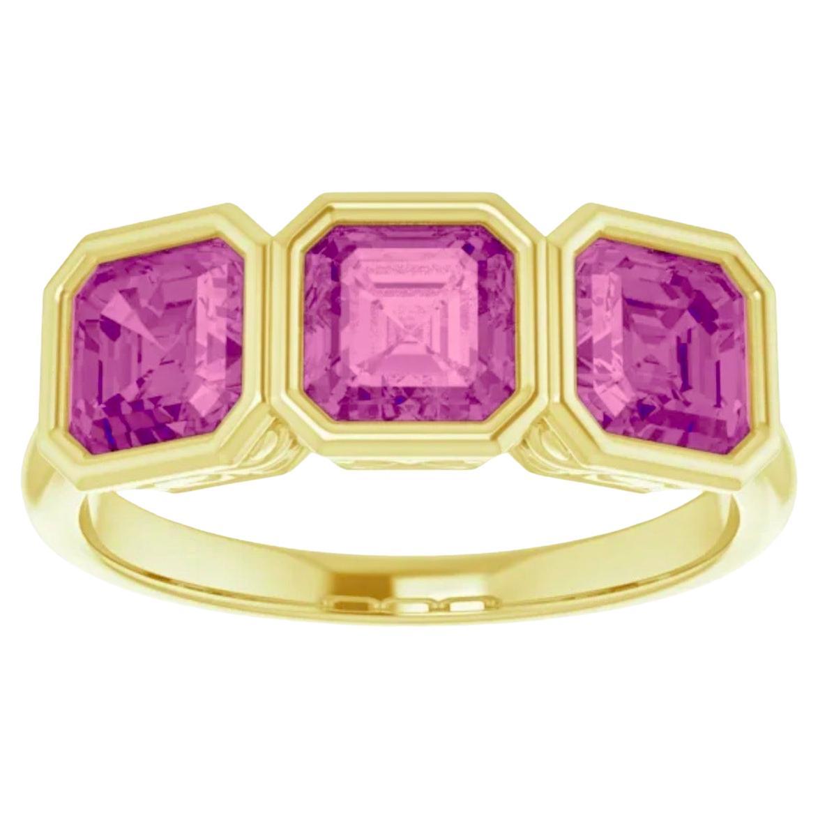 Art Deco Spinel Pink Three Stone Asscher Anniversary/Engagement 18K Yellow Gold Ring For Sale