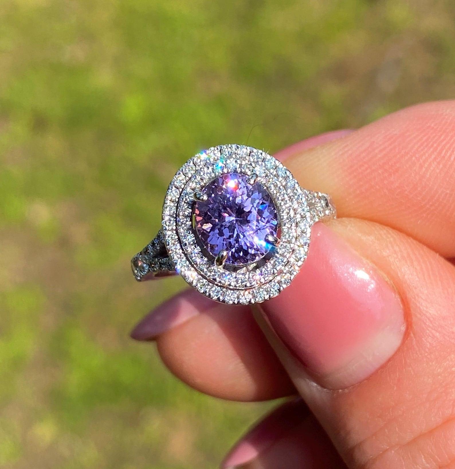 Natural 2.06Ct Spinel and Diamonds gemstone
14 Karat White Gold Ring

Laboratory full certificate for the ring
GFCO certificate for stone
Main Stone: Tsavorite Spinel
Main Stone Creation: Natural
Main Stone Color: Pinkish Violet
Main Stone Origin:
