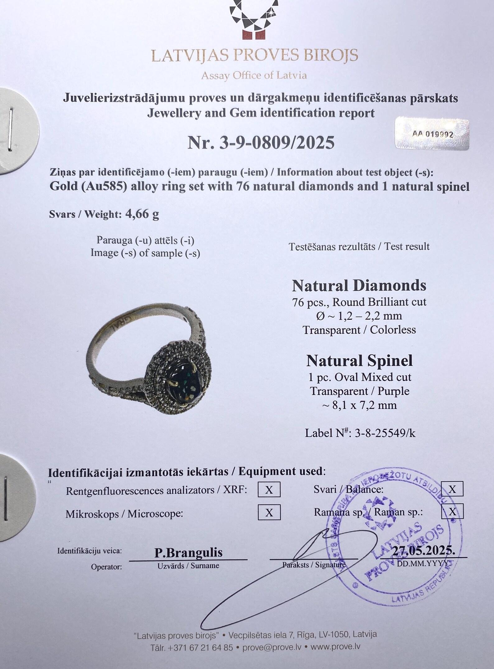 Spinel Pinkish Violet and Diamonds natural gemstone Ring, 14 Karat Gold, Size 7 In New Condition For Sale In Daugavpils, LV