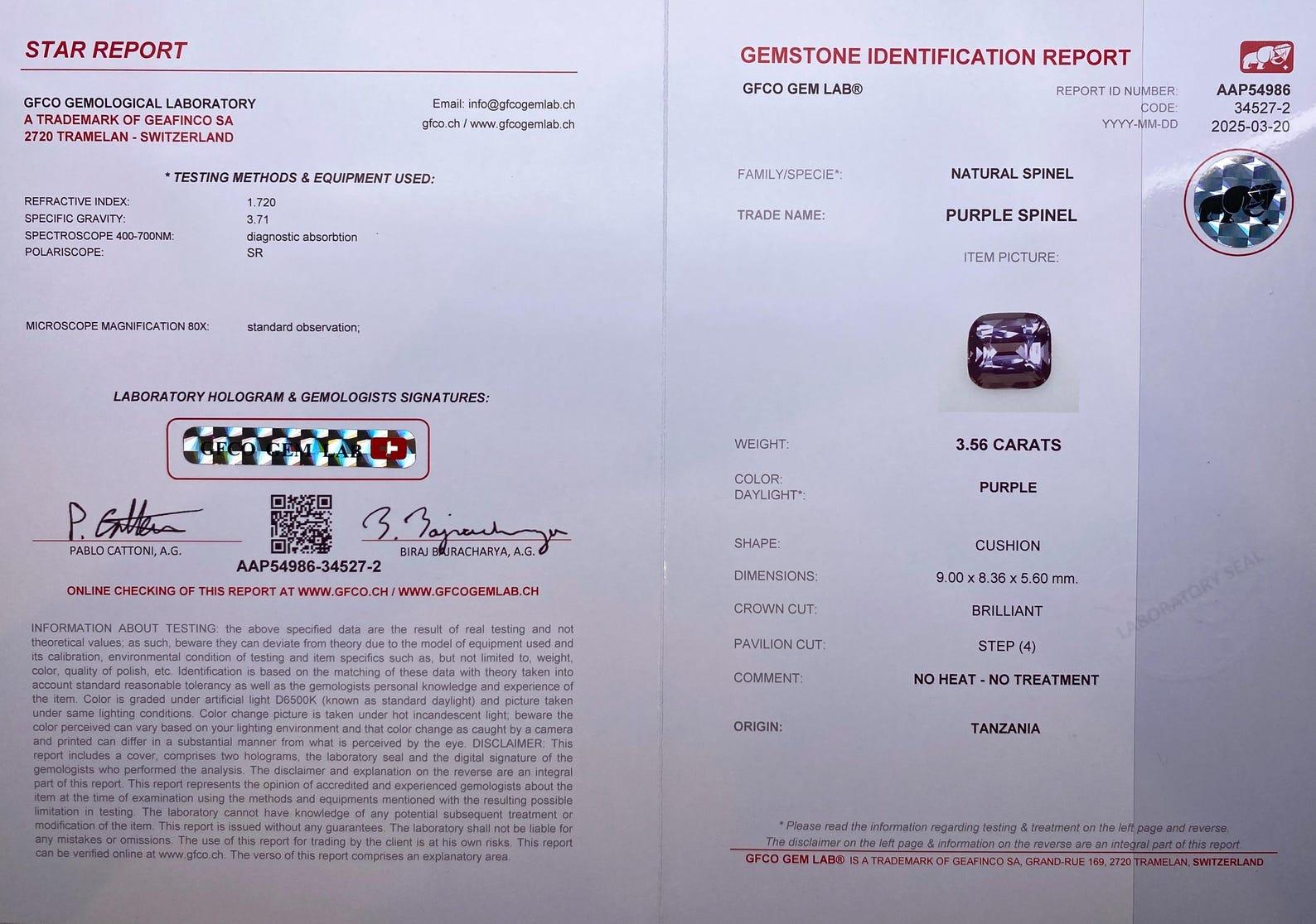 Taglio cuscino Spinello viola 3,56Ct gemma naturale, taglio a cuscino, Tanzania, certificato GFCO in vendita
