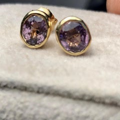 Spinel Purplish Stud Bezel Earrings Yellow Gold 18K