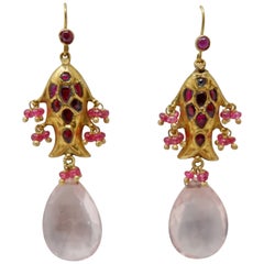 Spinel Ruby 18 Karat Yellow Gold Indian Dangle Boho Bead Fish Earrings