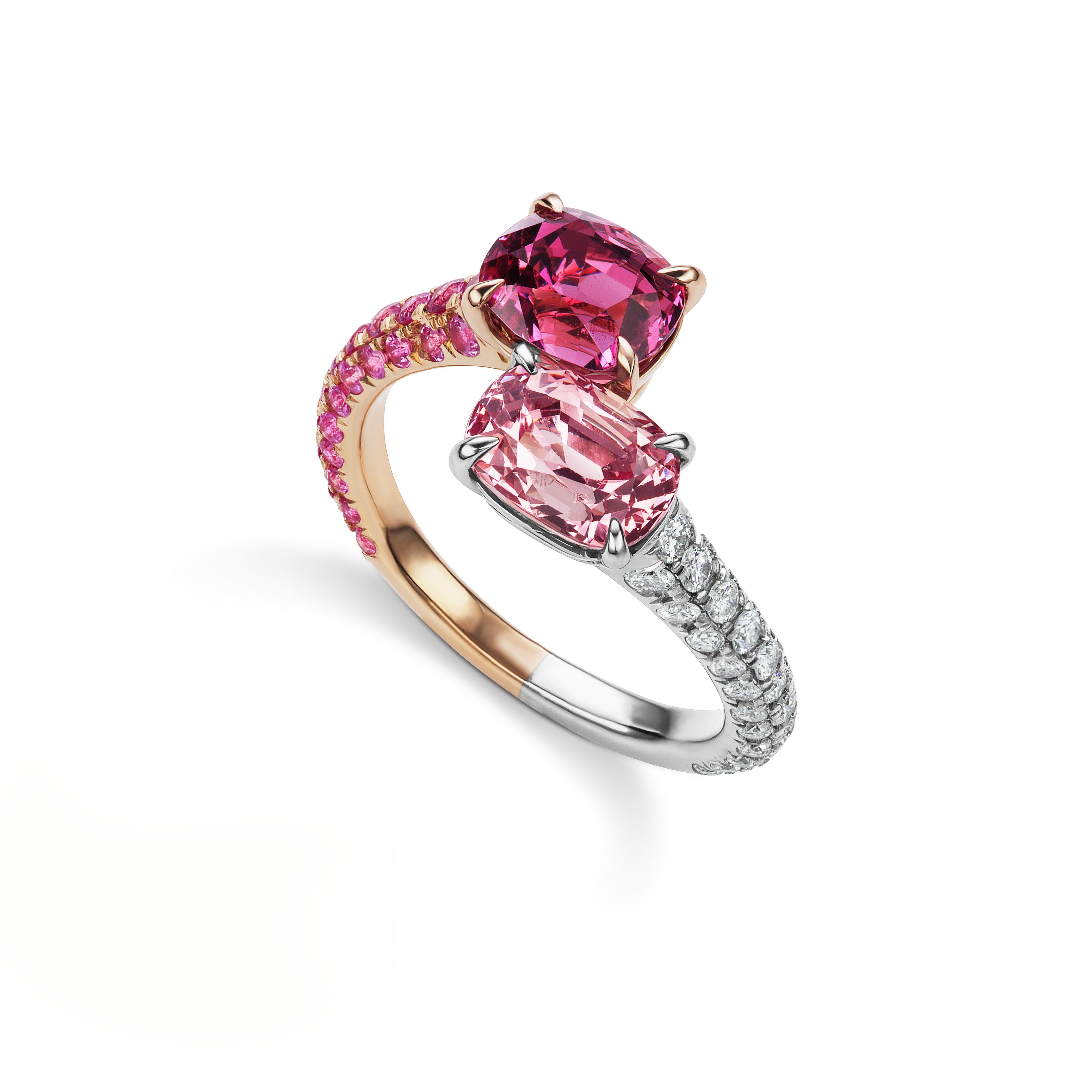 Toi Et Moi Ring: Two lovely pink spinels shine like two halves of one soul

The Design: Two become one in this romantic ring set with two lovely pink spinels that complement each other perfectly. Two stone rings are called “Toi et Moi” rings, French