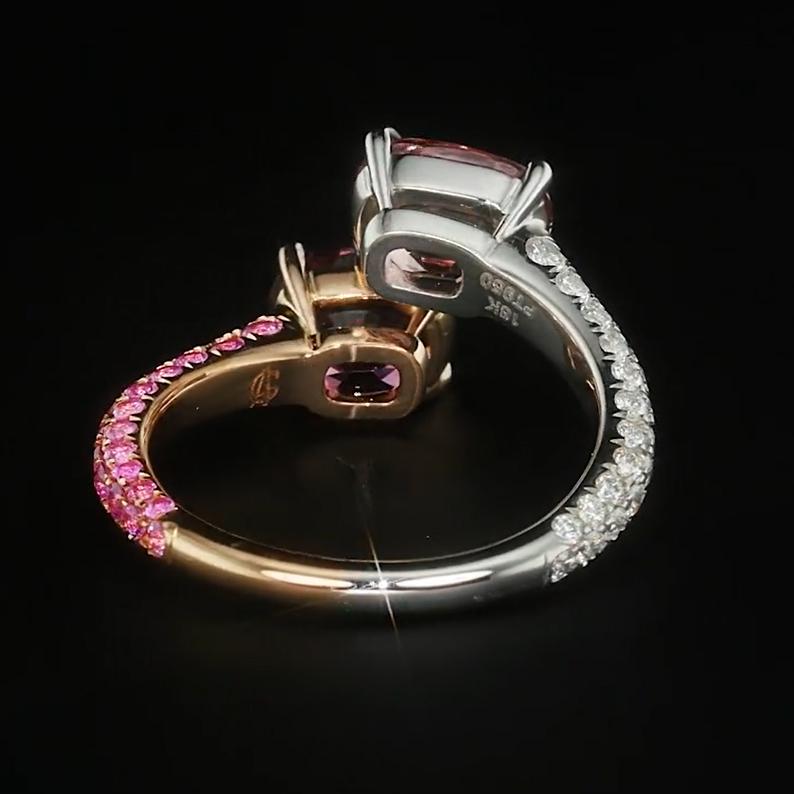 Antique Cushion Cut Spinel, Sapphire and Diamond Toi et Moi Platinum and 18k Rose Gold Ring For Sale