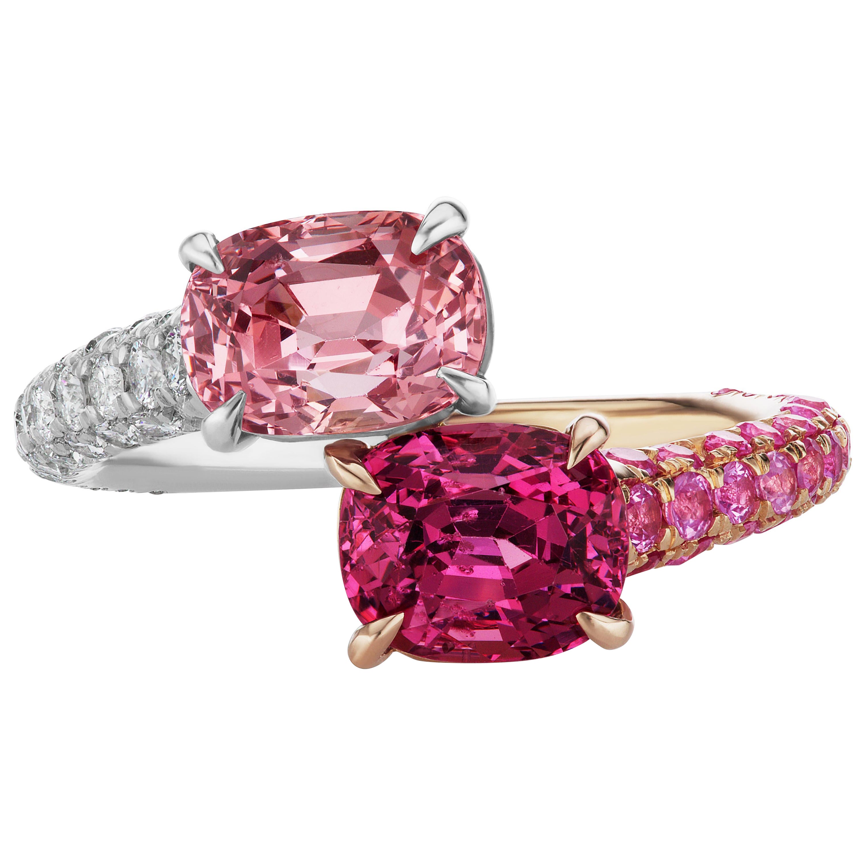 Spinel, Sapphire and Diamond Toi et Moi Platinum and 18k Rose Gold Ring For Sale