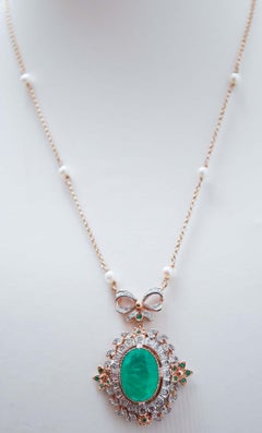 Spinel, Stone, Diamonds, Pearls, Rose Gold and Silver Pendant Necklace.