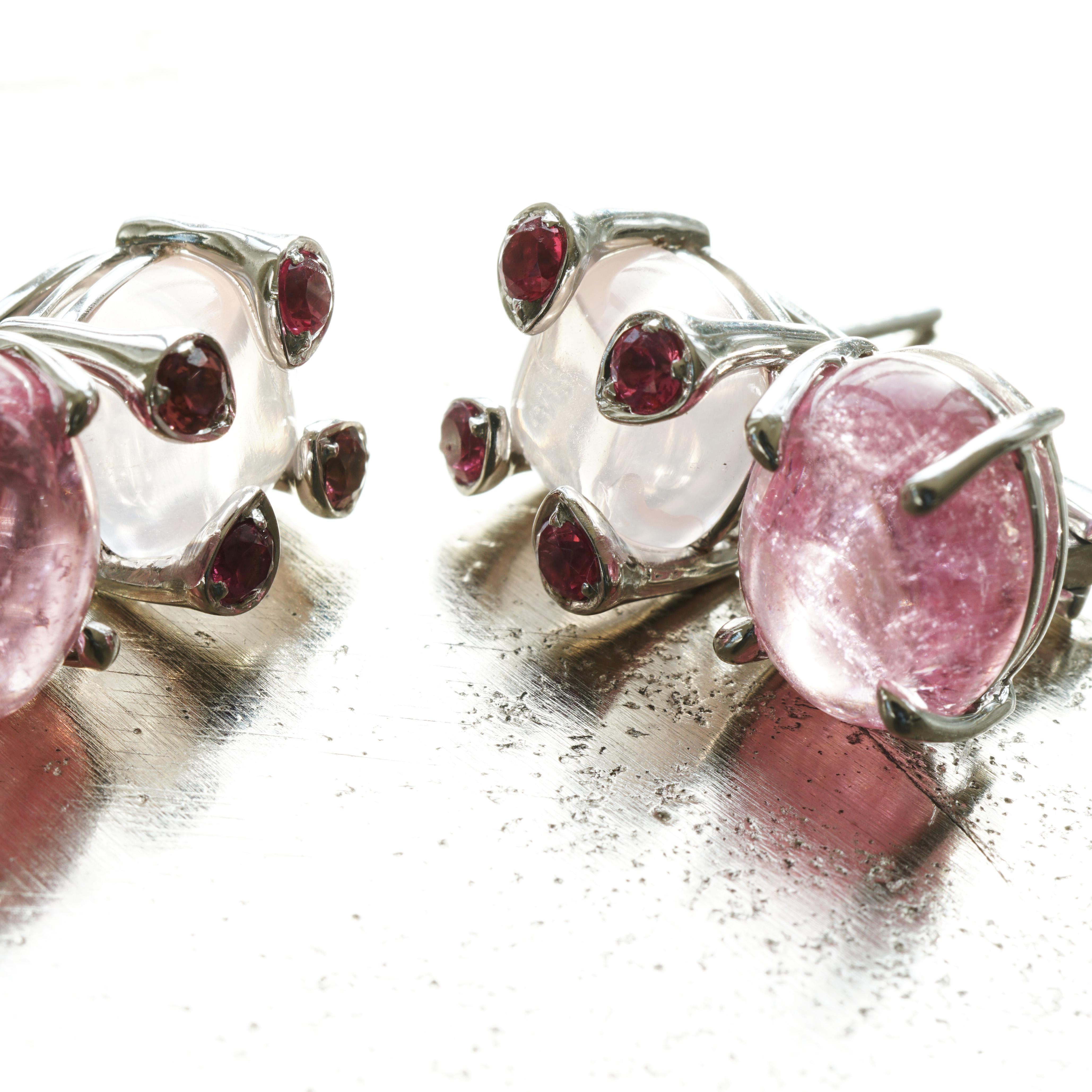 Modern Spinel Tourmaline Moonstone Earrings 18 kt White Gold rare electric pink Color For Sale