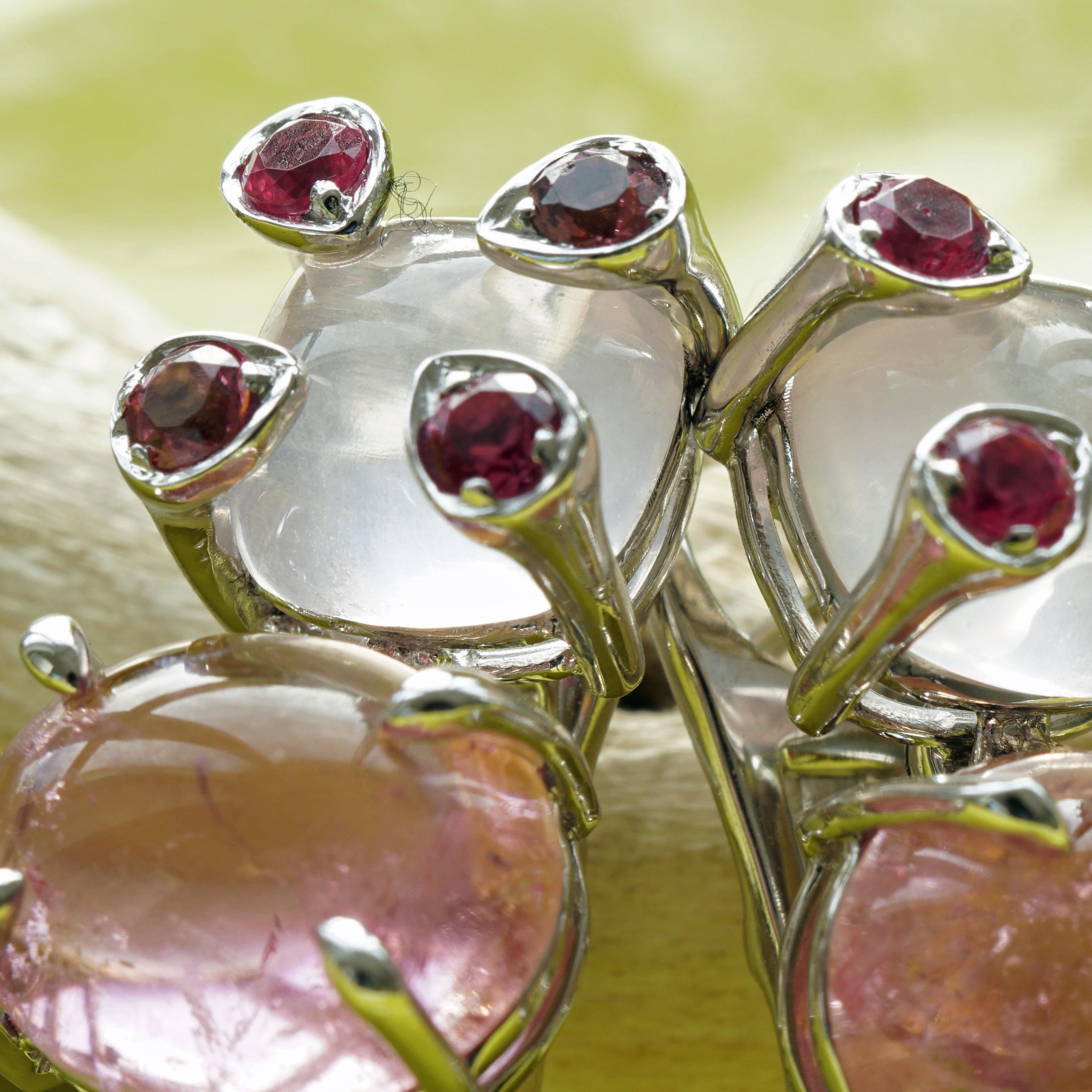 Spinel Tourmaline Moonstone Earrings 18 kt White Gold rare electric pink Color In New Condition For Sale In Viena, Viena