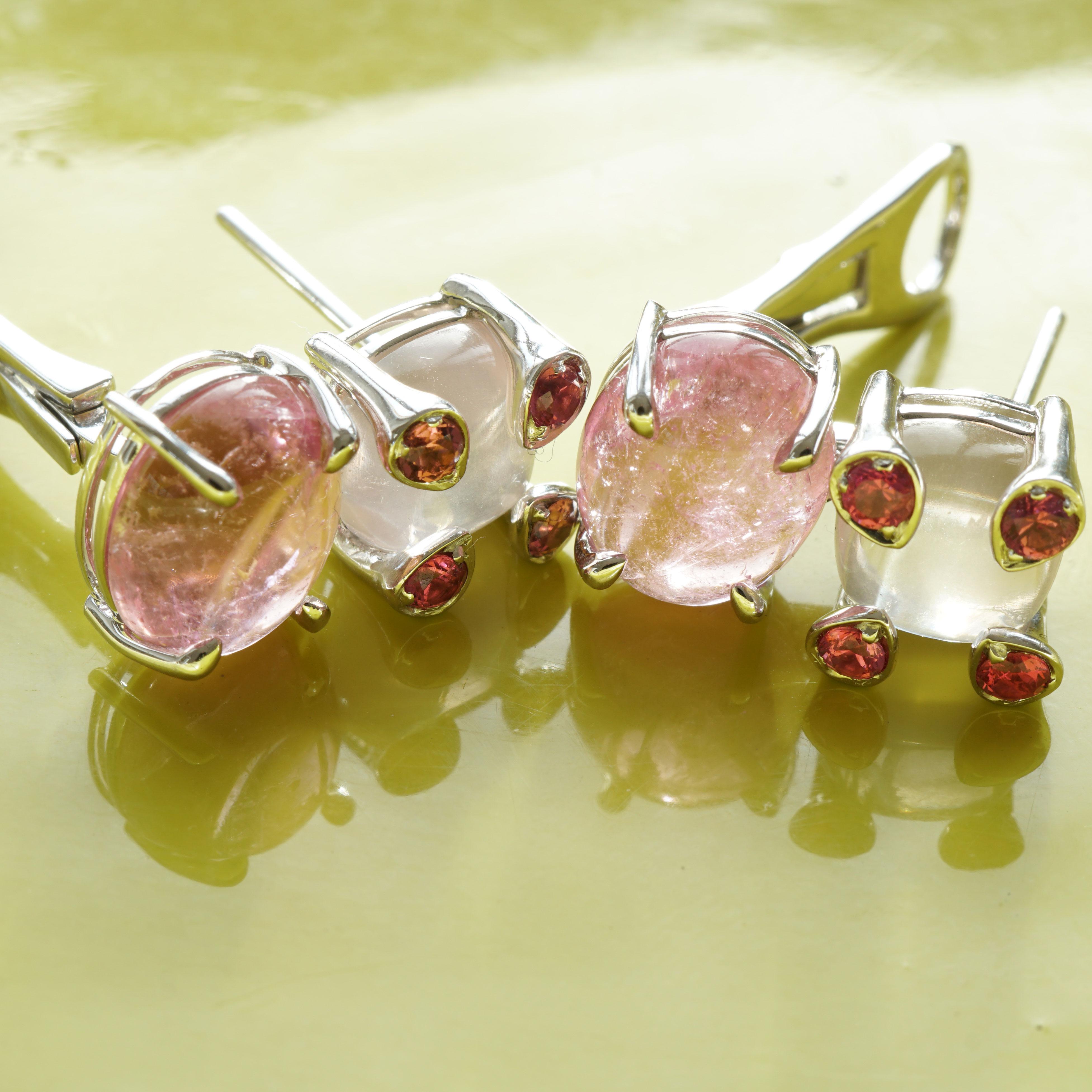 Spinell-Turmalin-Mondstein-Ohrringe 18 kt Weißgold seltene elektrische rosa Farbe im Angebot 3
