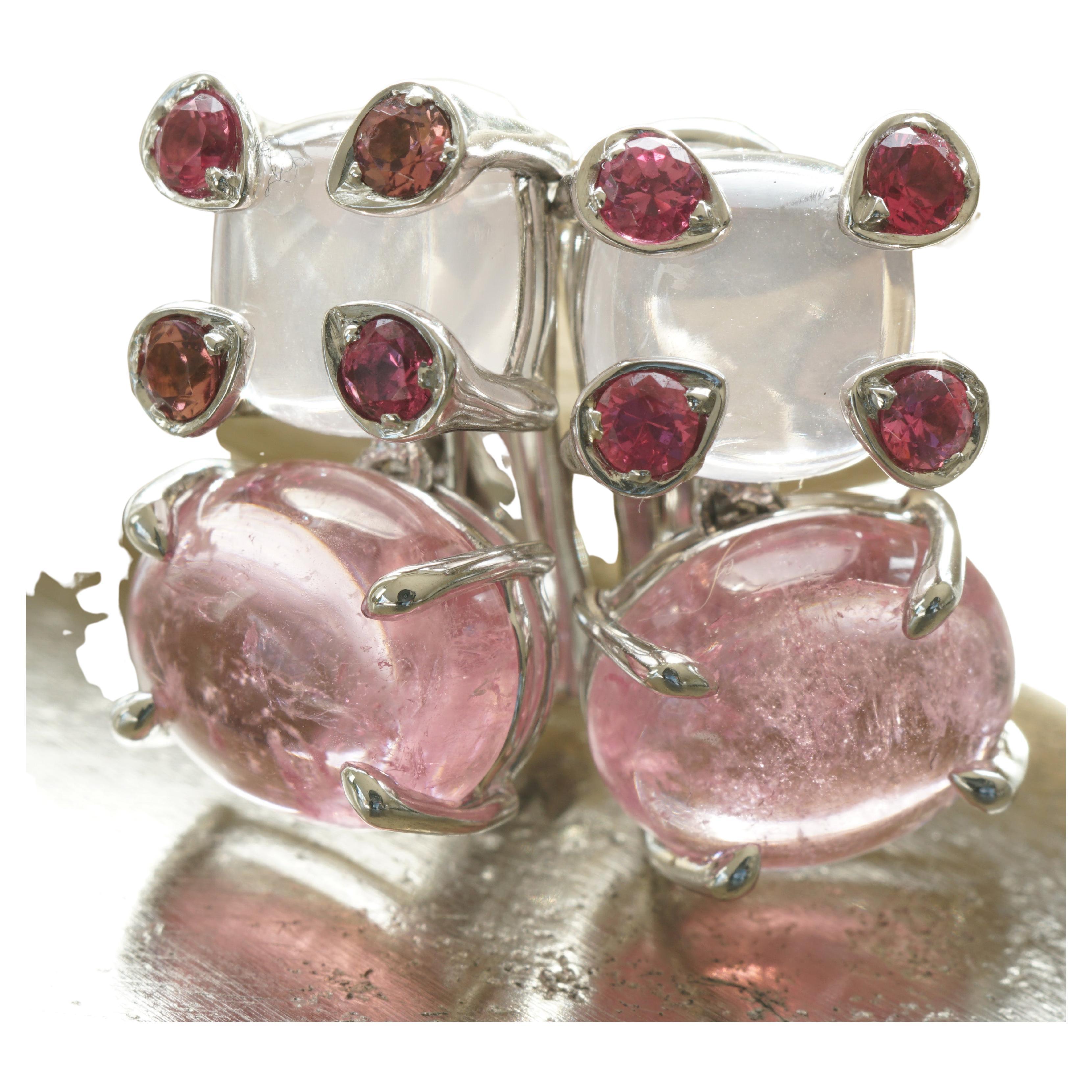 Spinell-Turmalin-Mondstein-Ohrringe 18 kt Weißgold seltene elektrische rosa Farbe im Angebot