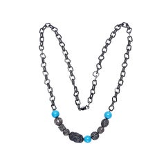 Spinel & Turquoise Beaded Ball Chain Necklace with Pave Diamonds Made in Silver