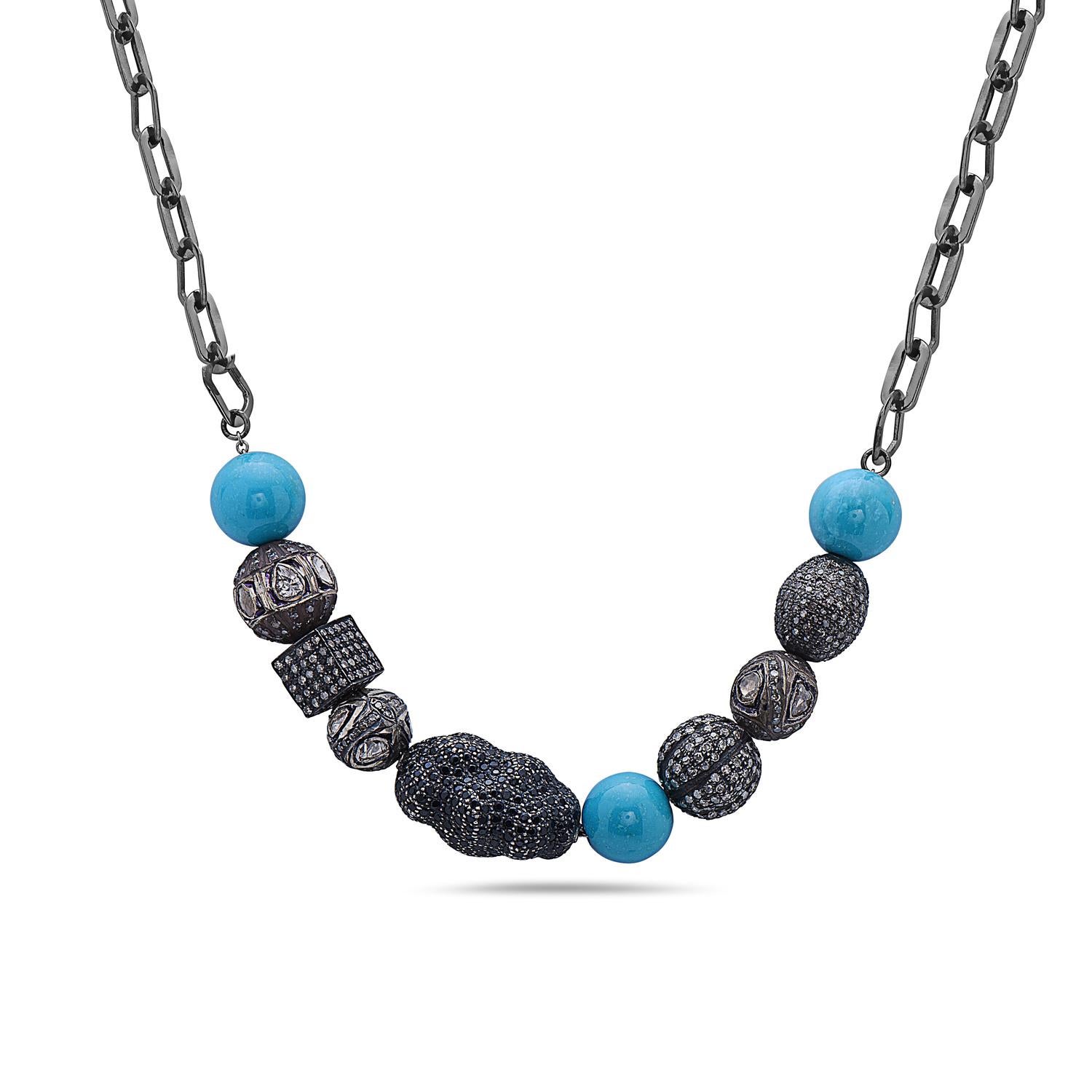 Artisan Spinel & Turquoise Beaded Ball Chain Necklace with Pave Diamonds Made in Silver For Sale