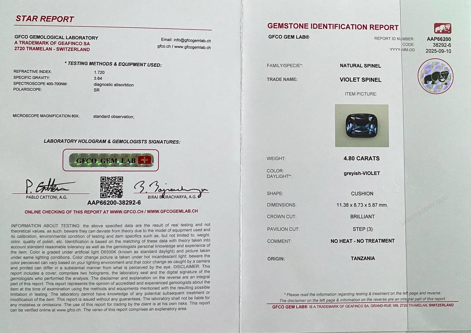 Spinello Viola 4.80Ct gemma naturale, 11.38x8.73x5.87mm, Tanzania, certificato in vendita 2