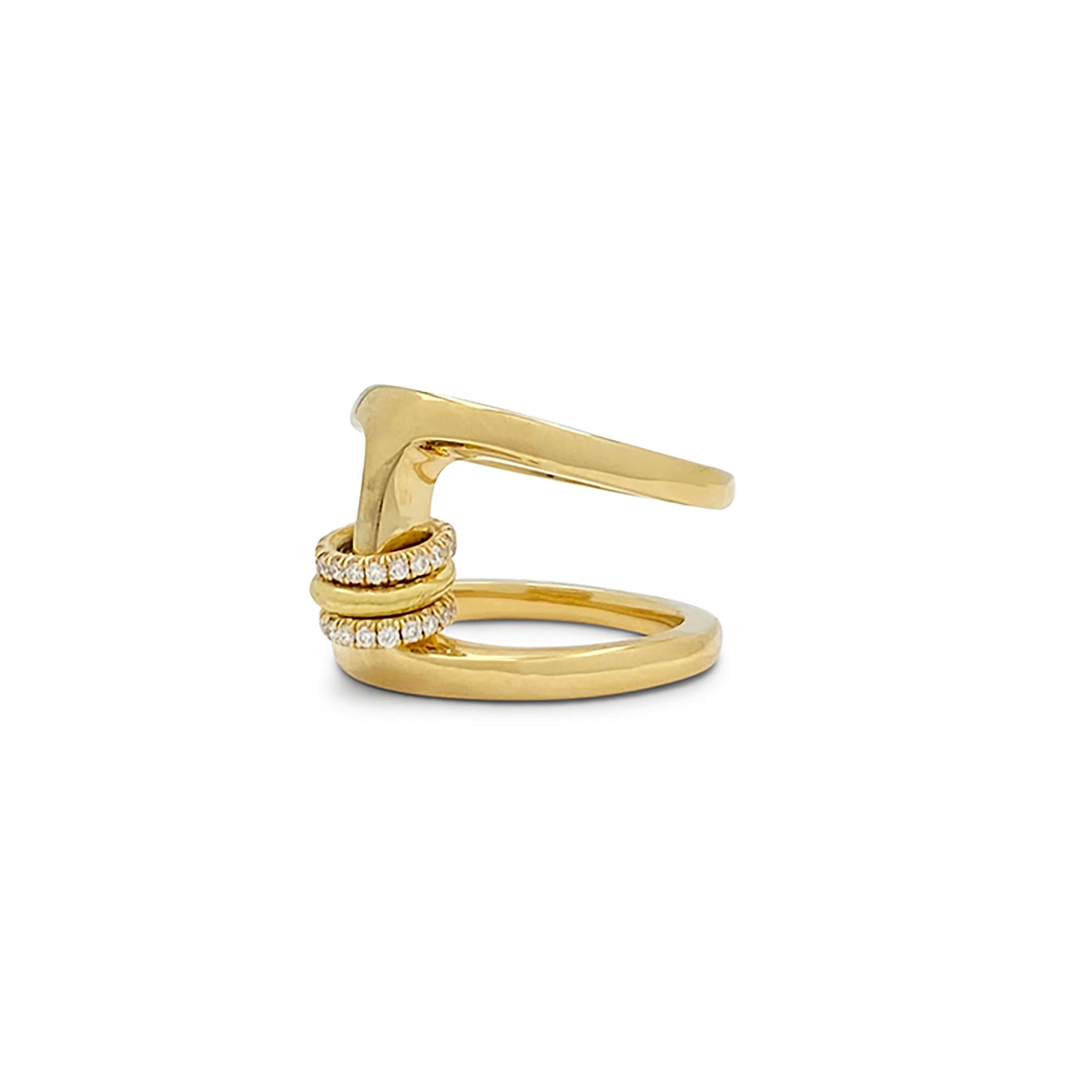 Authentic 18 karat yellow gold ring from the 333 collection by Spinelli Kilcollin x Hoorsenbuhs.  The center of the signature Hoorsenbuhs Phantom ring is adorned with three Spinelli Kilcollin annulets, two of which are set with glittering round