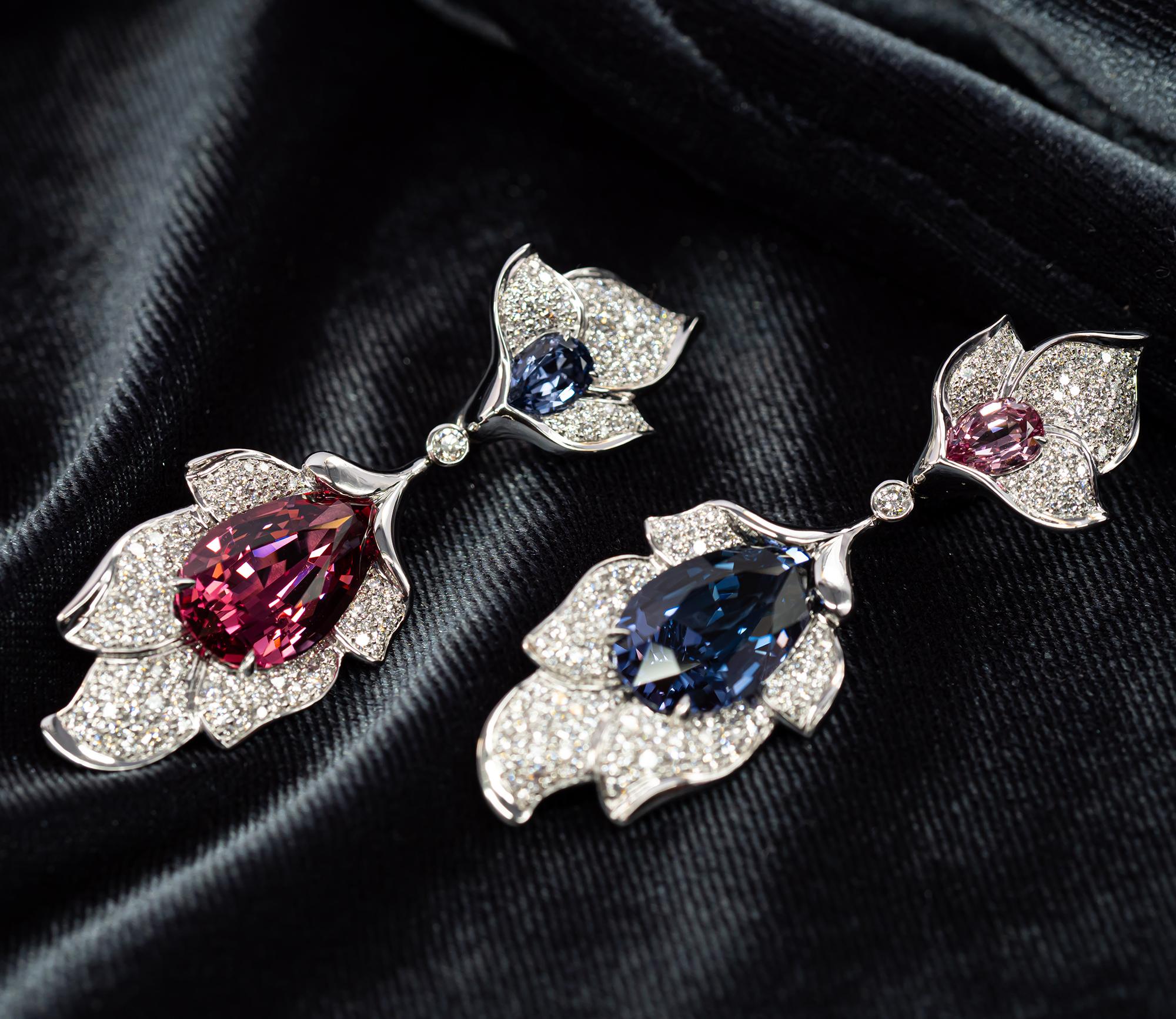 Pendientes Espinelas, Conjunto Pendientes Oro Blanco 18k Azul y Rosa y Diamantes Corte mixto en venta
