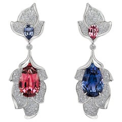 Spinels Earrings, Blue & Pink 18k White Gold & Diamonds Earrings Set