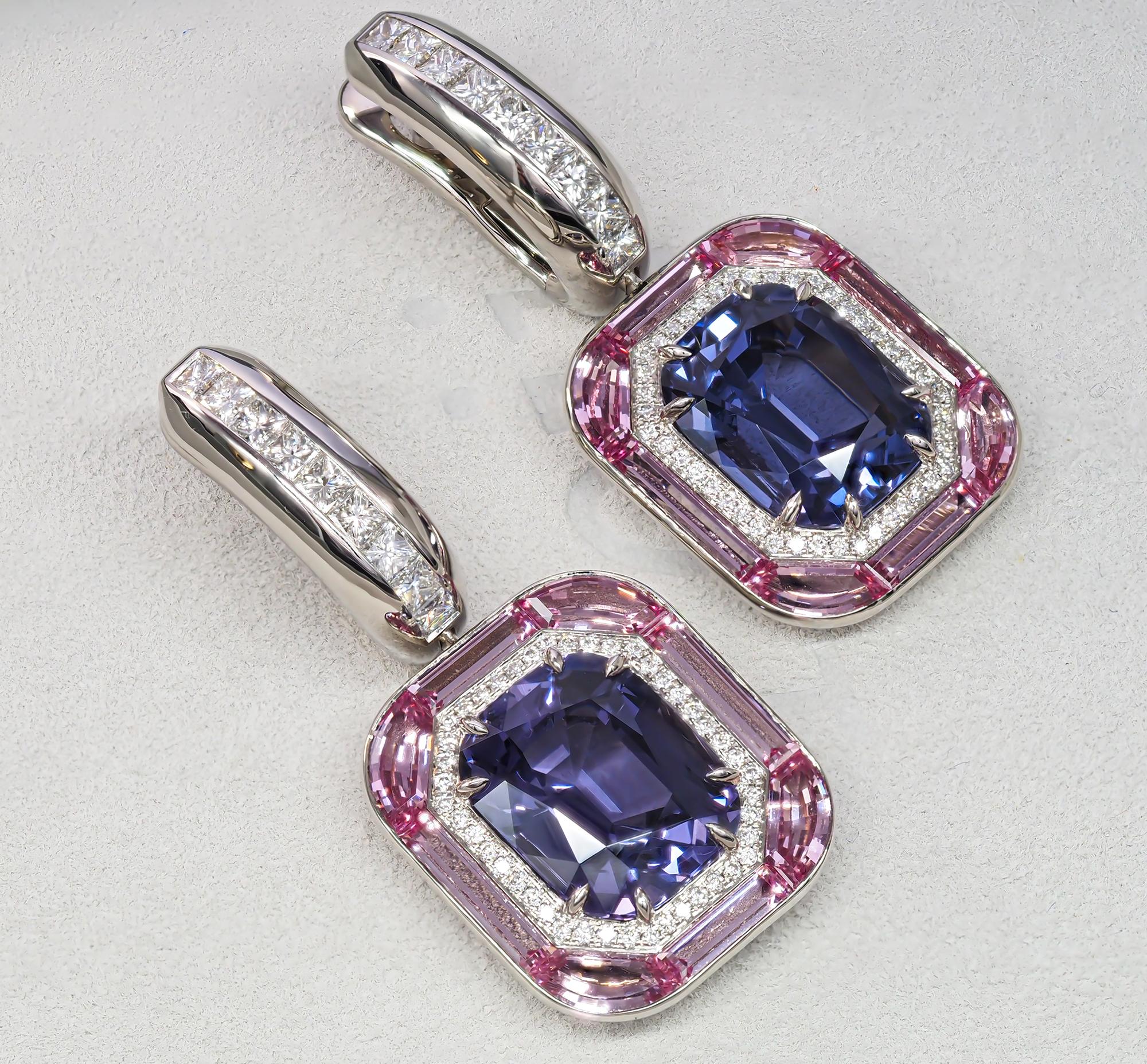 Modern Spinels Earrings, Blue & Pink Spinels, 18K White Gold & Diamonds Earrings For Sale