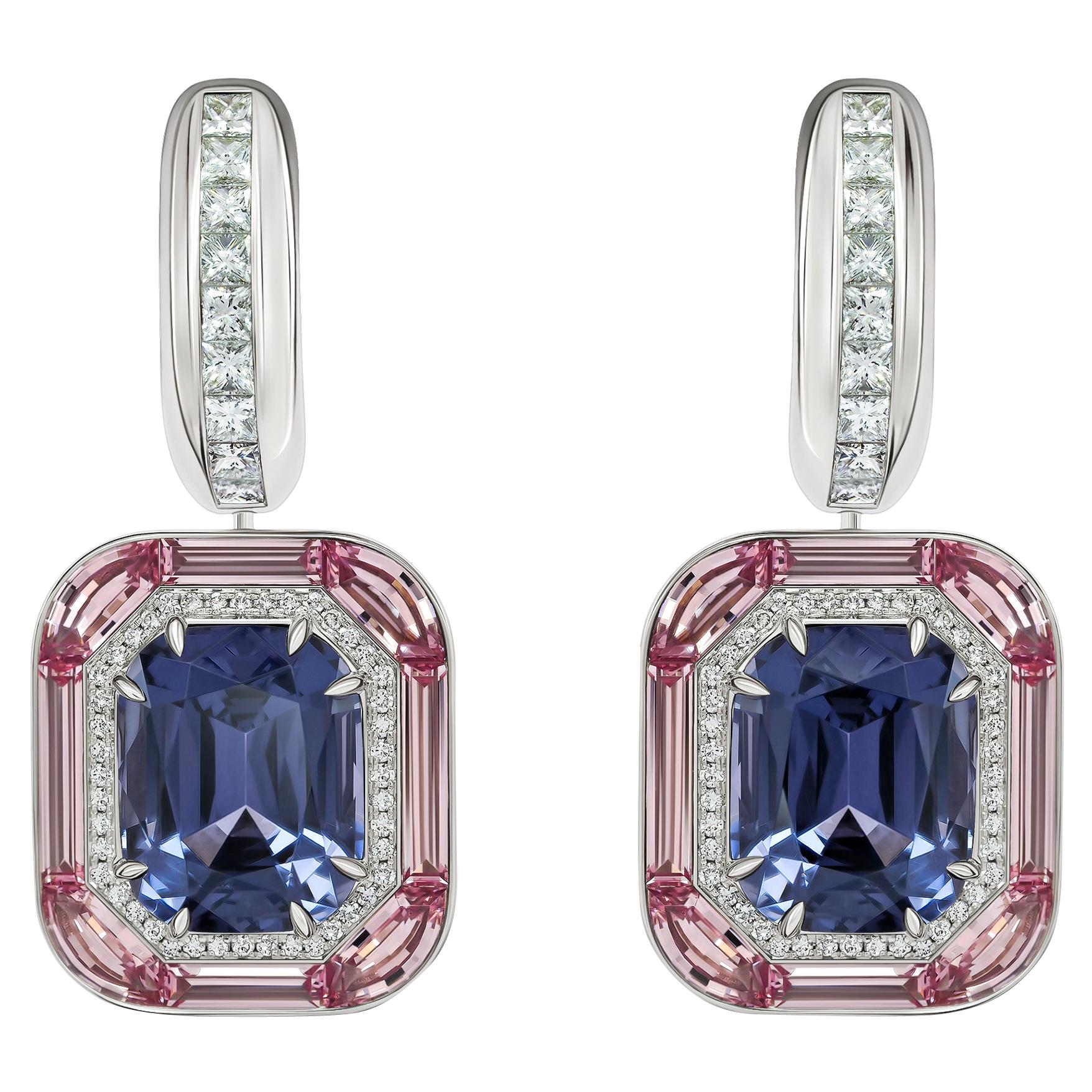 Spinels Earrings, Blue & Pink Spinels, 18K White Gold & Diamonds Earrings For Sale