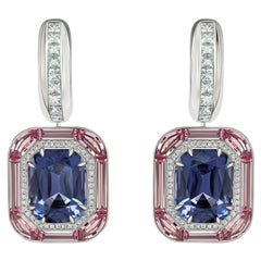 Spinels Earrings, Blue & Pink Spinels, 18K White Gold & Diamonds Earrings