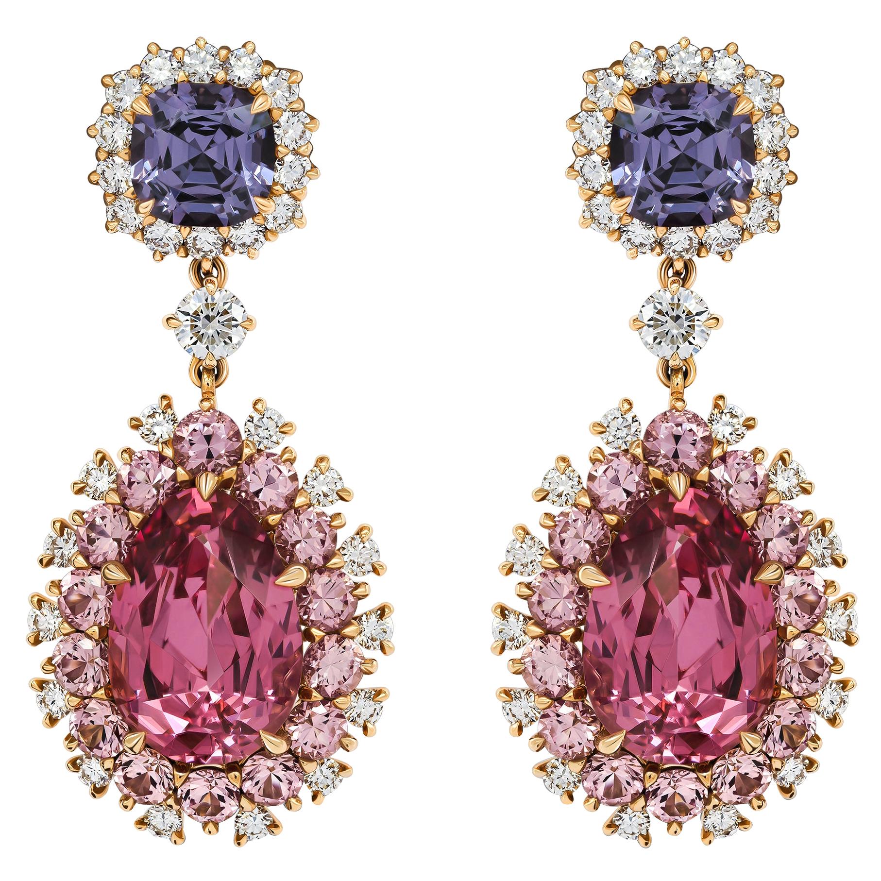 Spinels Earrings, Purple & Pink Spinels, 18k Yellow Gold & Diamonds Earrings