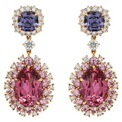Spinels Earrings, Purple & Pink Spinels, 18k Yellow Gold & Diamonds Earrings