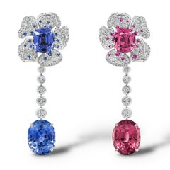 Spinels & Unheated Sapphires Earrings, 18k White Gold and Diamonds Earrings