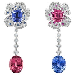 Spinels & Unheated Sapphires Earrings, 18k White Gold and Diamonds Earrings