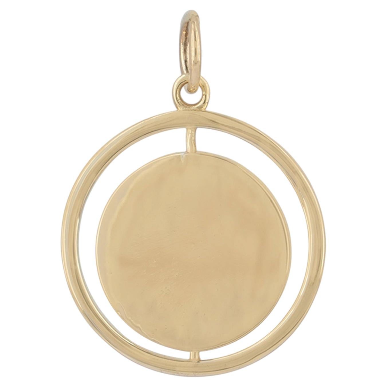 Solid 14k Yellow Gold Spinner Disc Medallion Pendant Designer Unisex Jewelry