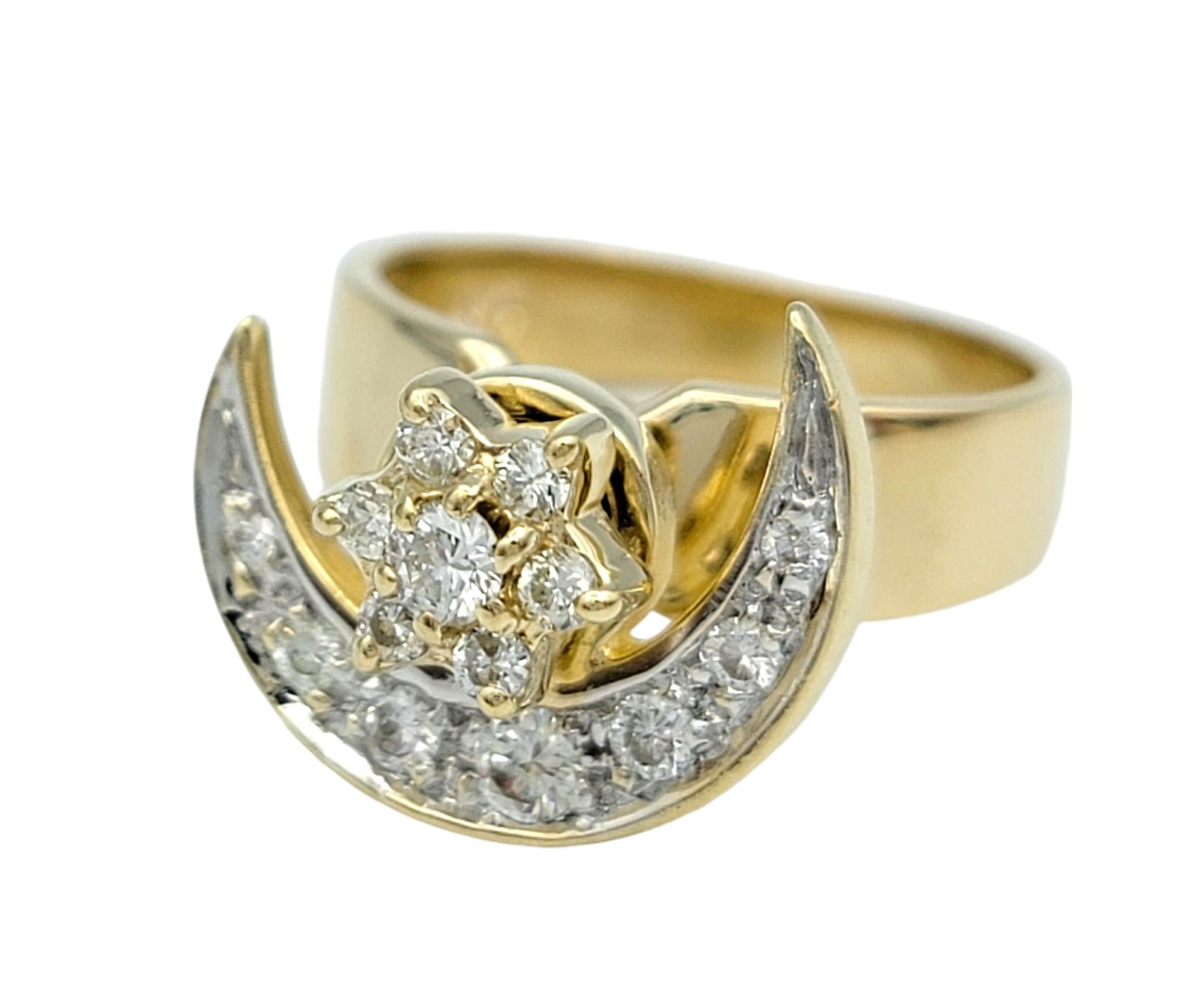 Ring size: 4

Capture the magic of the night sky with this enchanting celestial-inspired ring. Crafted in luminous 14 karat yellow gold, this whimsical piece features a sparkling diamond half-crescent moon that gracefully spins around a radiant