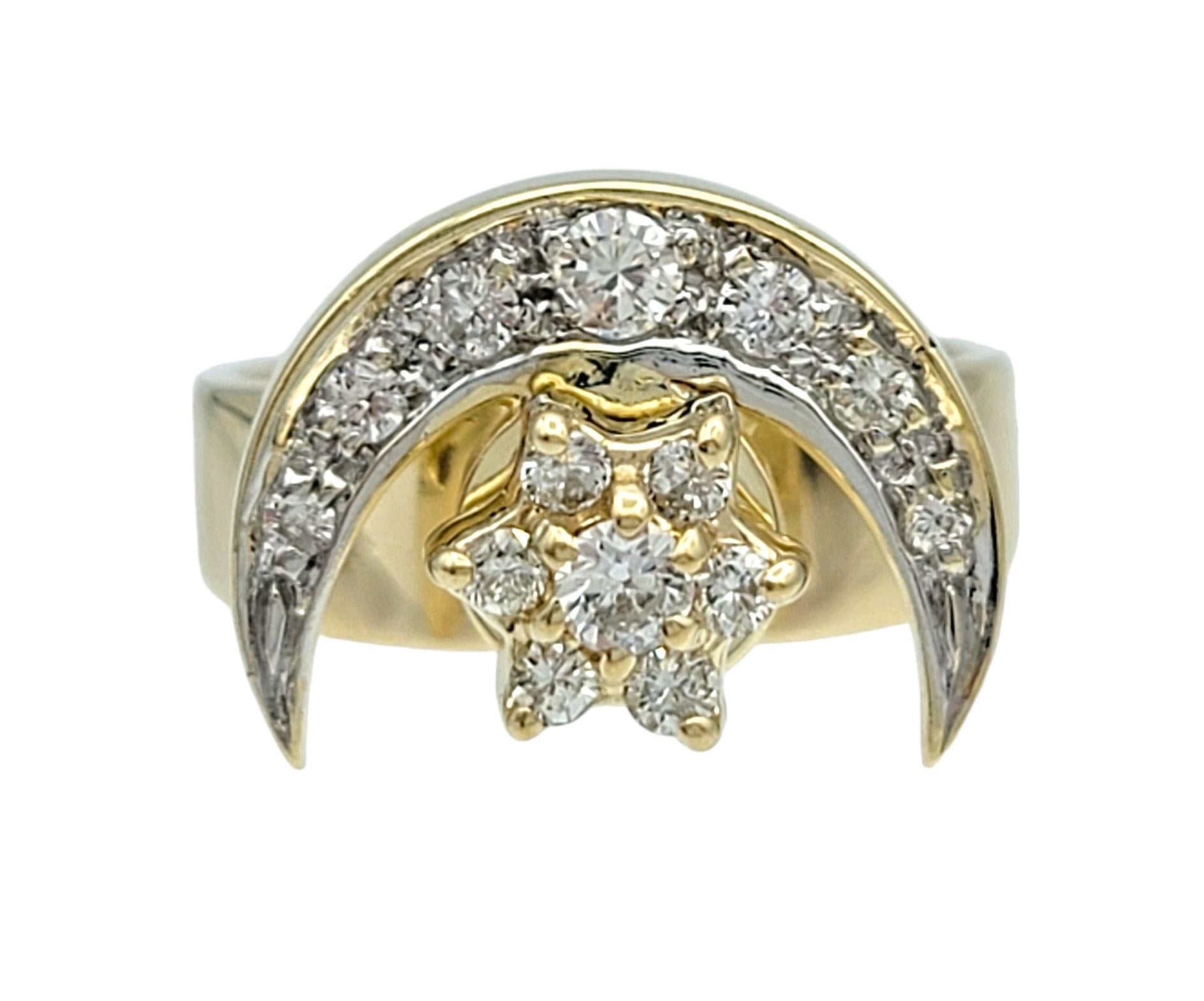 Contemporary Spinning Moon and Star Celestial Band Ring with Diamonds in 14 Karat Yellow Gold For Sale