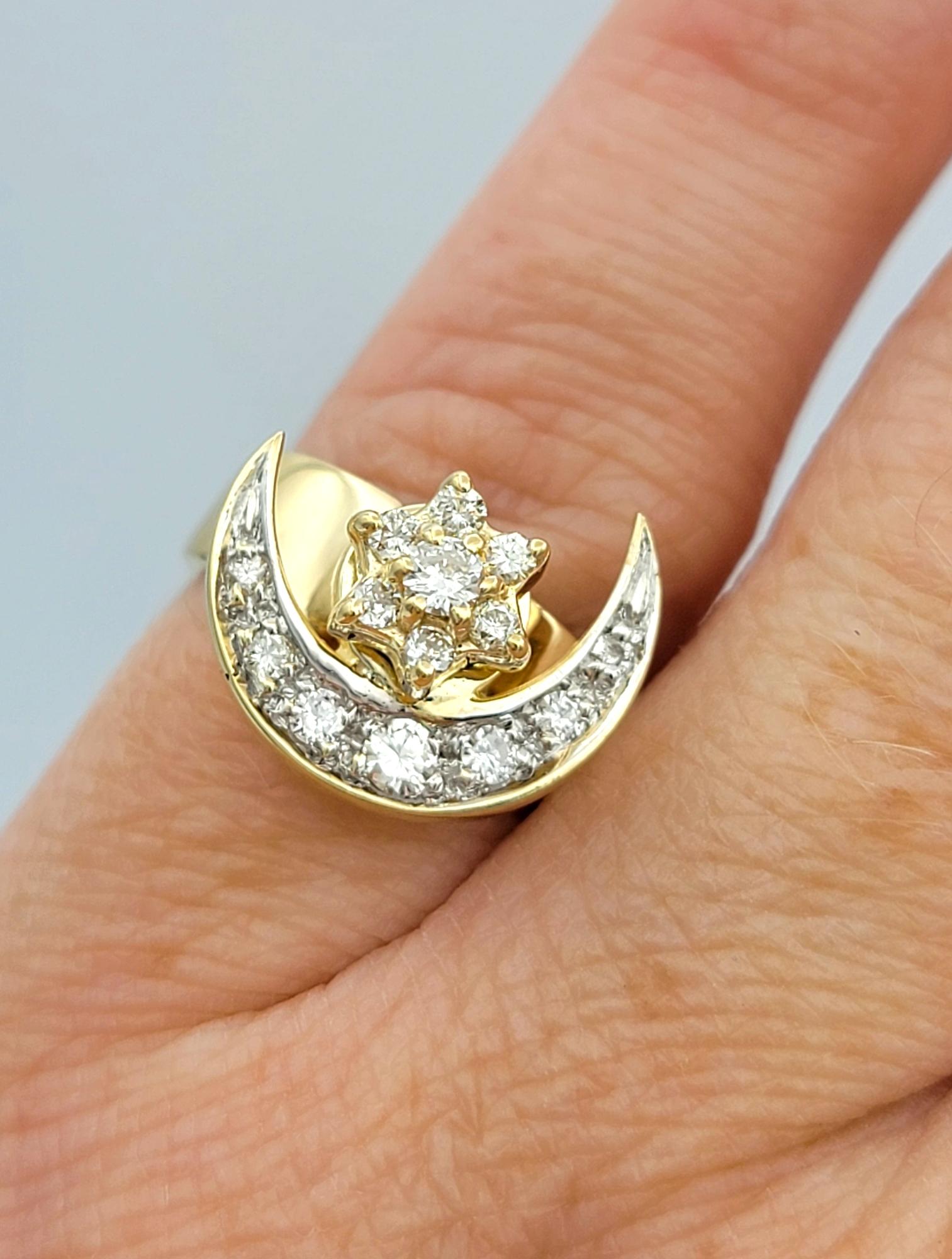 Spinning Moon and Star Celestial Band Ring with Diamonds in 14 Karat Yellow Gold For Sale 3