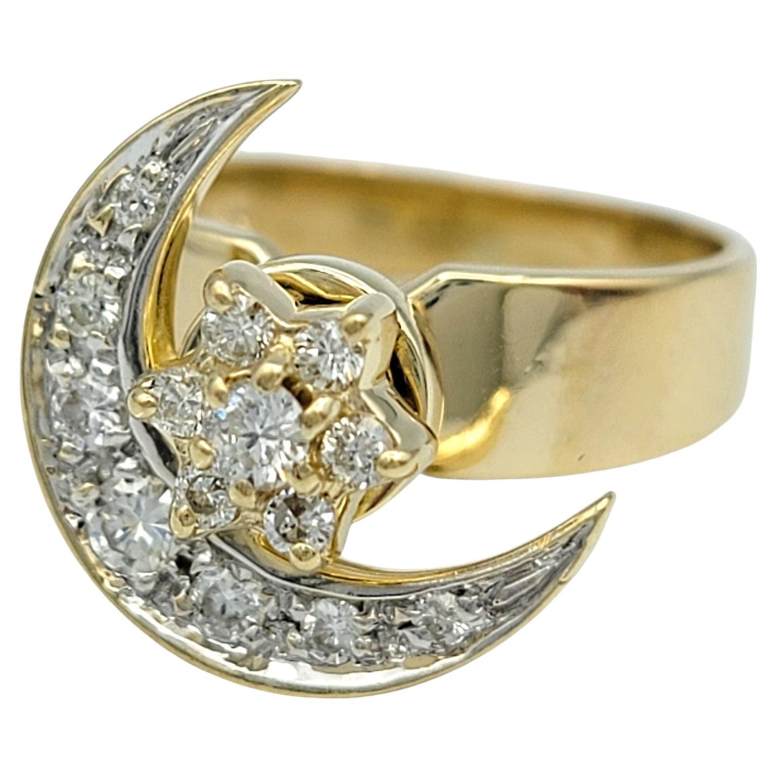 Spinning Moon and Star Celestial Band Ring with Diamonds in 14 Karat Yellow Gold For Sale