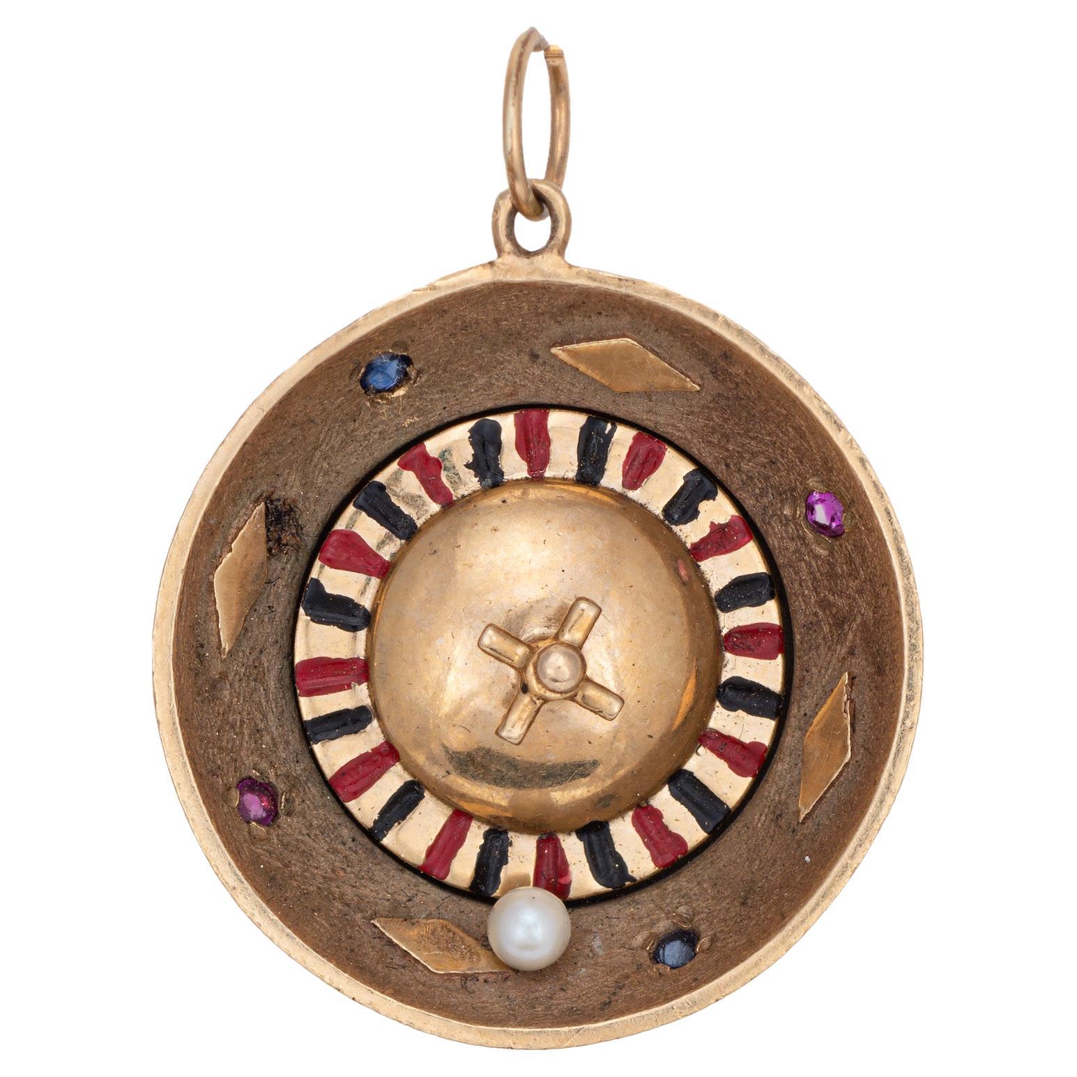 Spinning Roulette Wheel Charm Vintage 14k Gold Pendant Casino Gambling Jewelry  For Sale