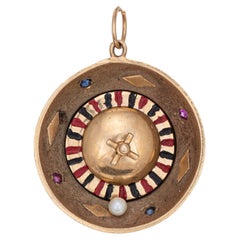 Spinning Roulette Wheel Charm Vintage 14k Gold Pendant Casino Gambling Jewelry 