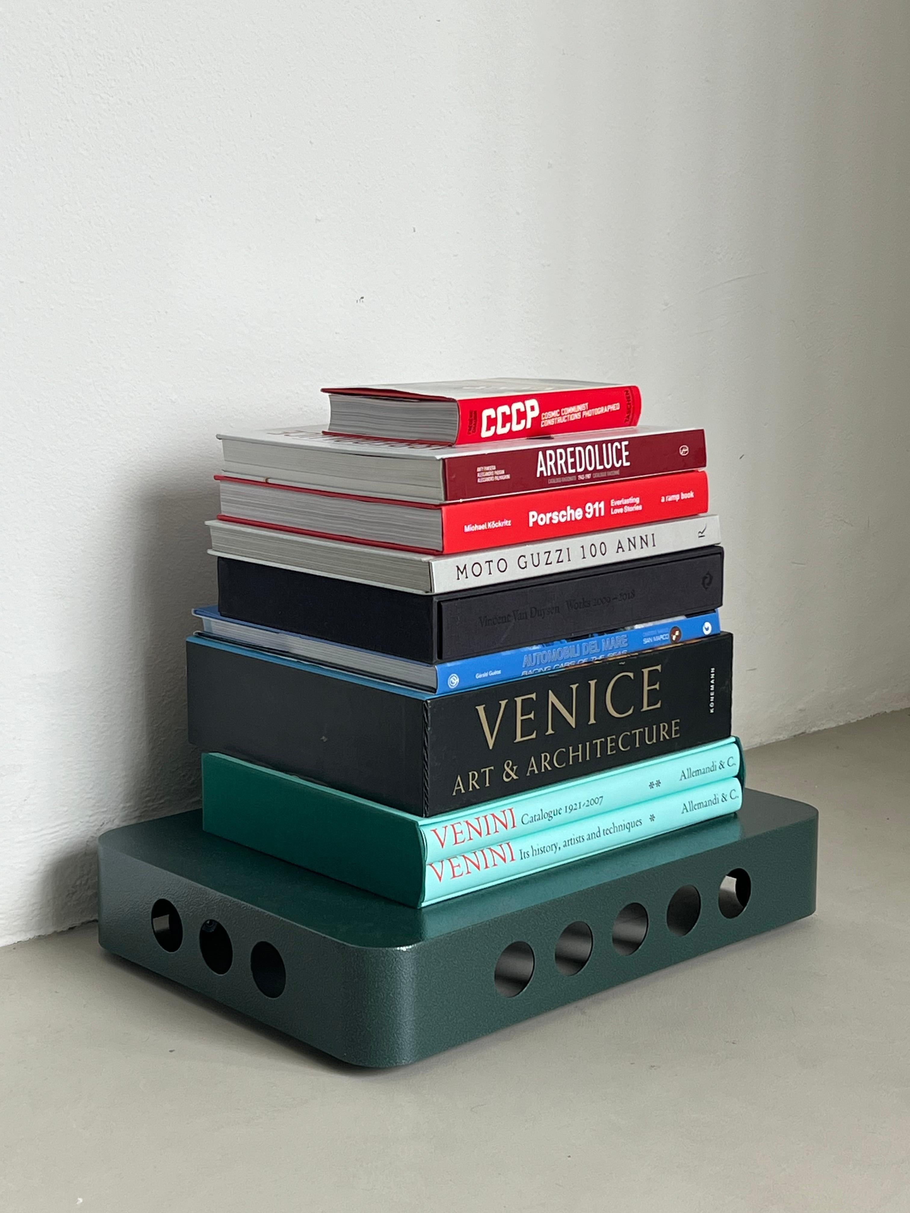 Italian Spinzi Bookboard on wheels , contemporary and minimal Portable Book Shelf, Green For Sale