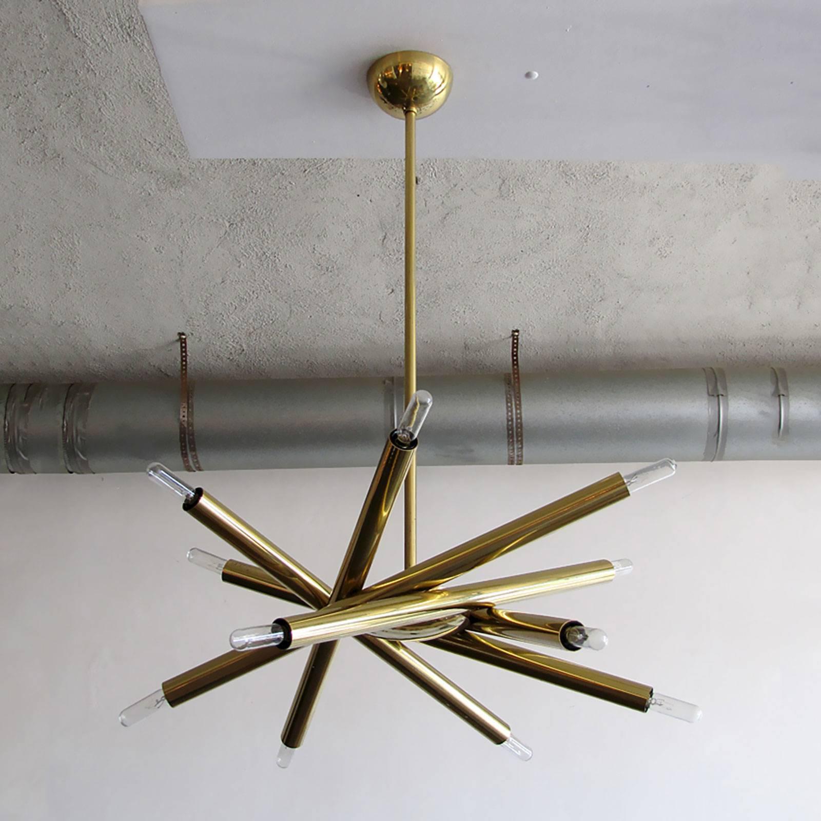 wonderful circular six-arm, twelve-light chandelier, designed by Gallery L7, handcrafted and finished in Los Angeles from American brass, 24 inch diameter, standard height of 36
