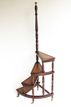 Spiral 4-Step Library Stairs Casters , Wood and Leather Bookcase Ladder , 1960s
