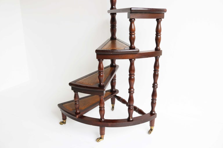 Spiral 4Step Library Stairs Casters , Wood and Leather Bookcase Ladder