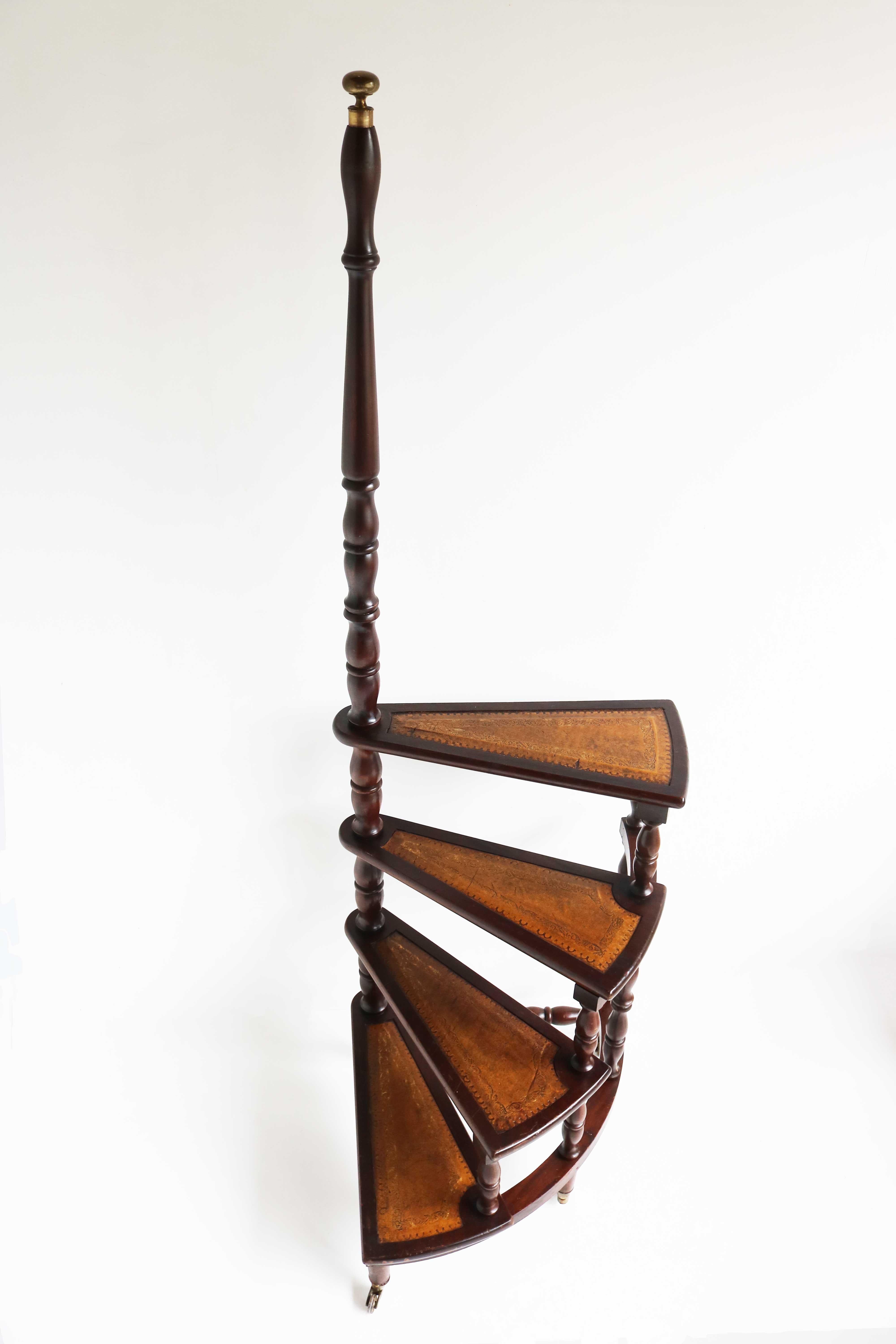Victorian Spiral 4-Step Library Stairs Casters , Wood and Leather Bookcase Ladder , 1960s