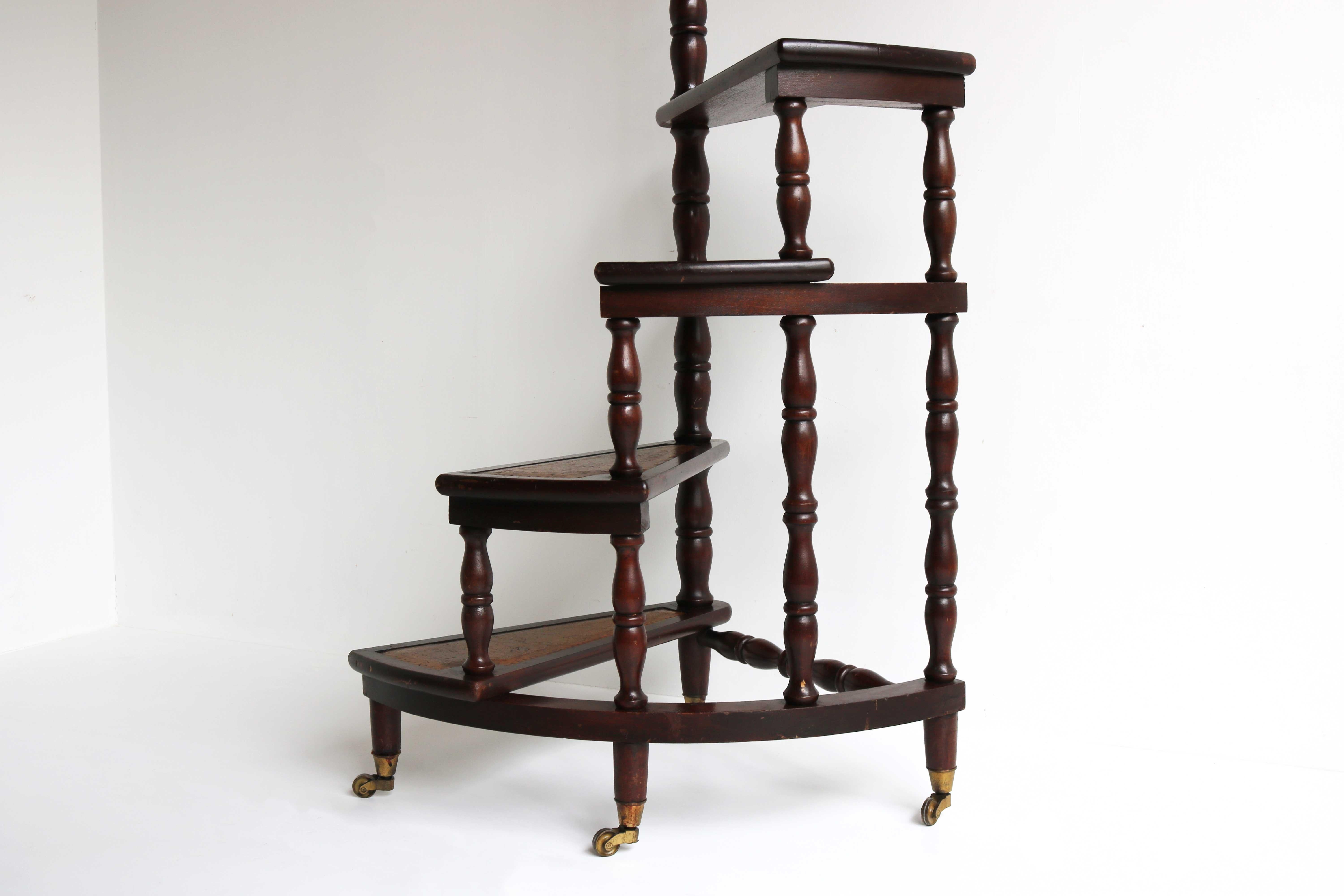 Italian Spiral 4-Step Library Stairs Casters , Wood and Leather Bookcase Ladder , 1960s