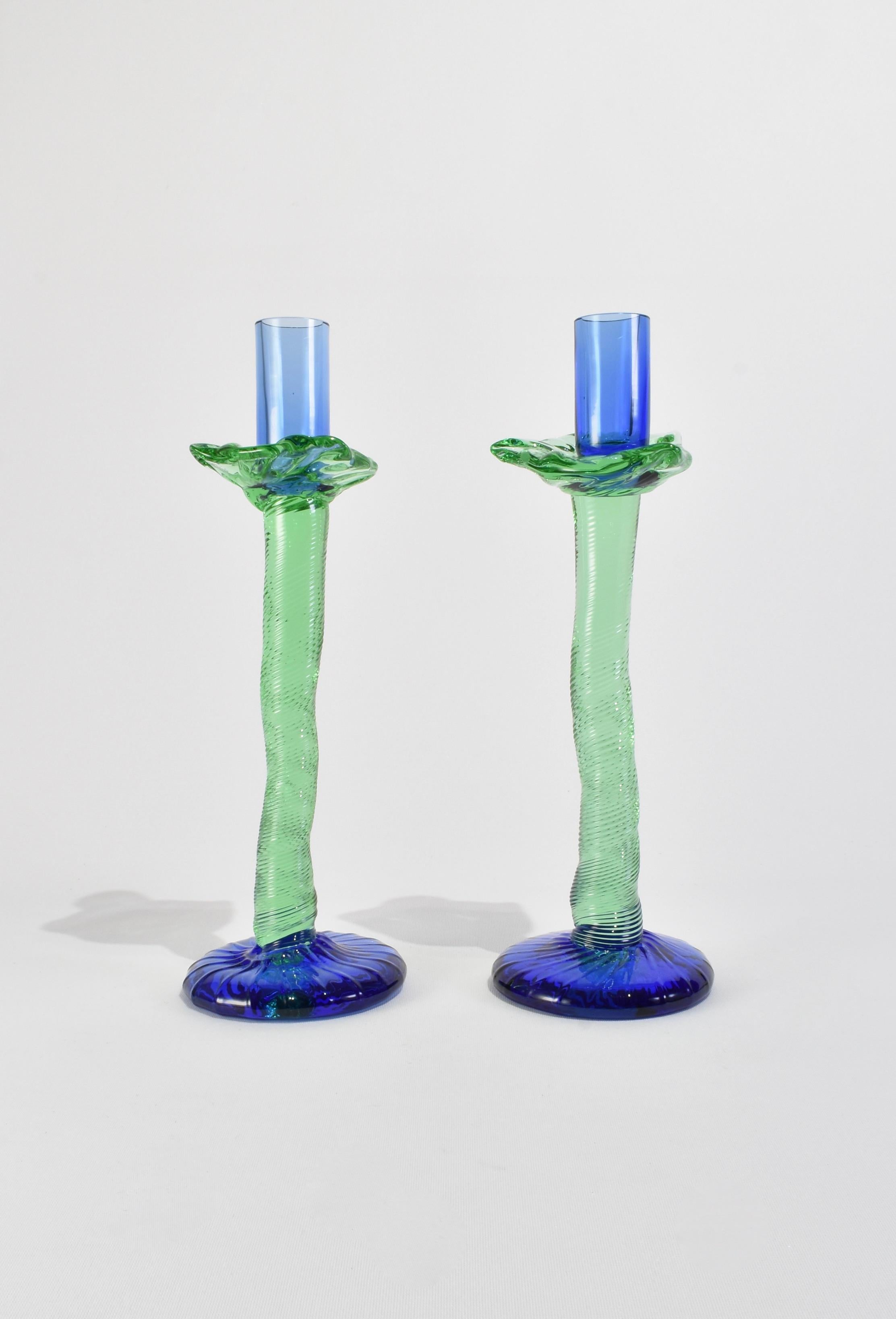 Stunning, green and blue blown glass candleholders with spiral stem detail. Signed on base, Leon Applebaum.