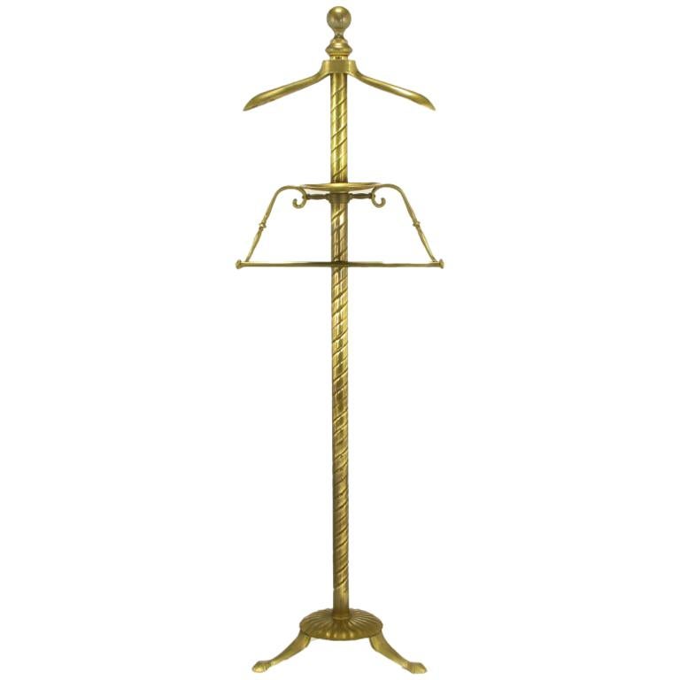 Spiral Brass Valet With Brass Ball Finial & Tray On Tripod Base For Sale