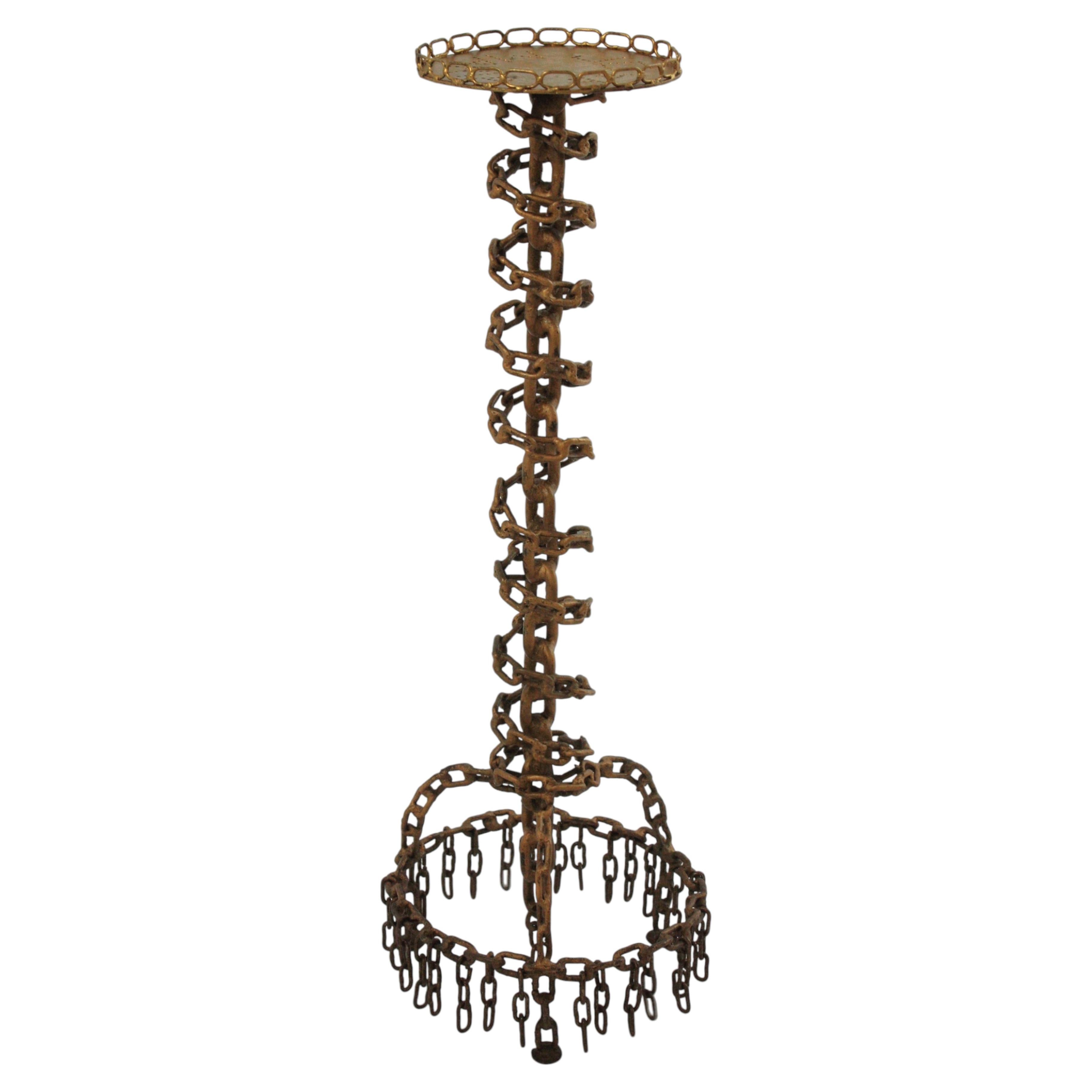 Spiral Chain Link Drinks Table / Side Table in Gilt Iron, Brutalist, Spain 1950s For Sale