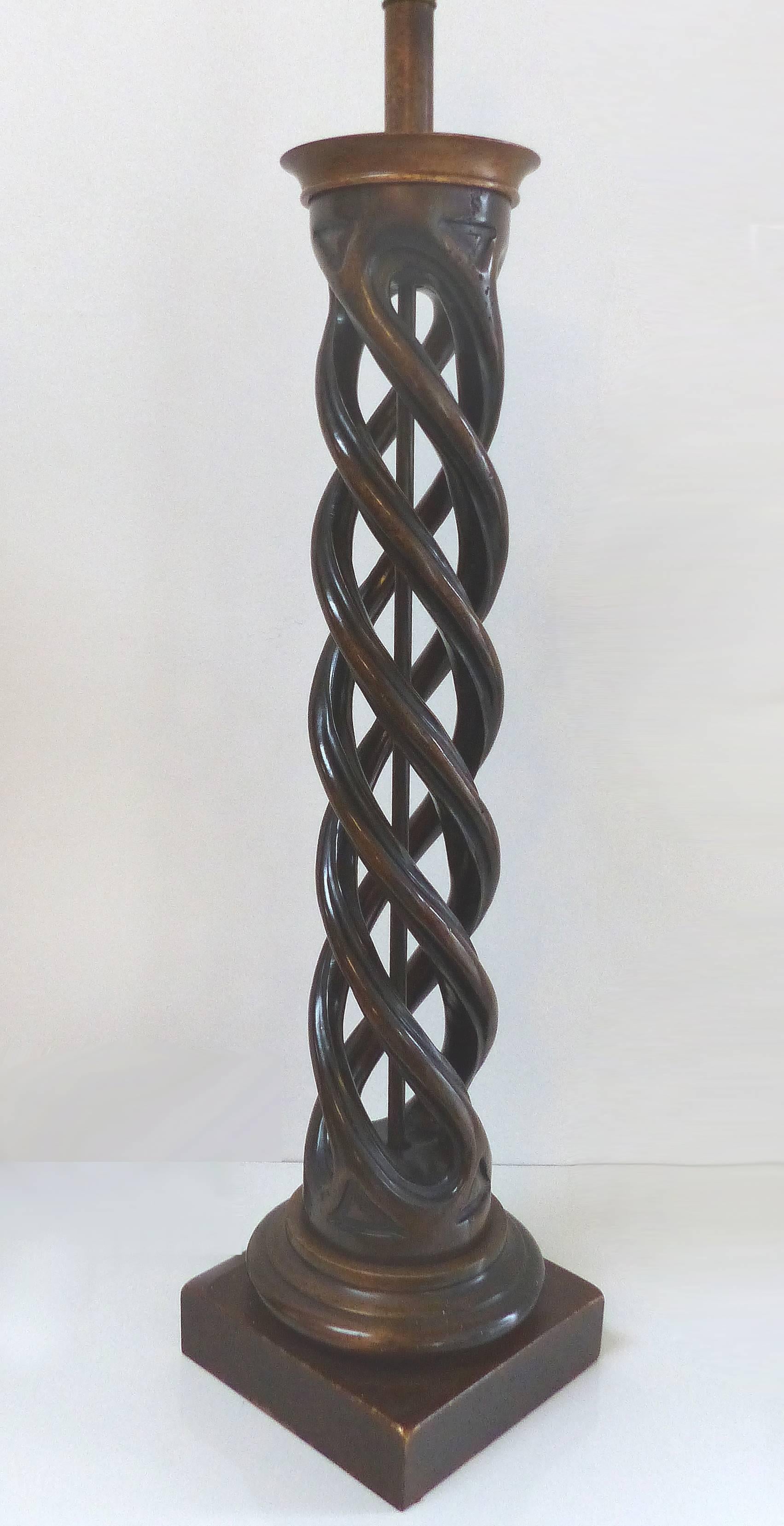 American James Mont for Frederick Cooper Spiral Column Carved Wood Table Lamps, Pair