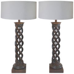 James Mont for Frederick Cooper Spiral Column Carved Wood Table Lamps, Pair