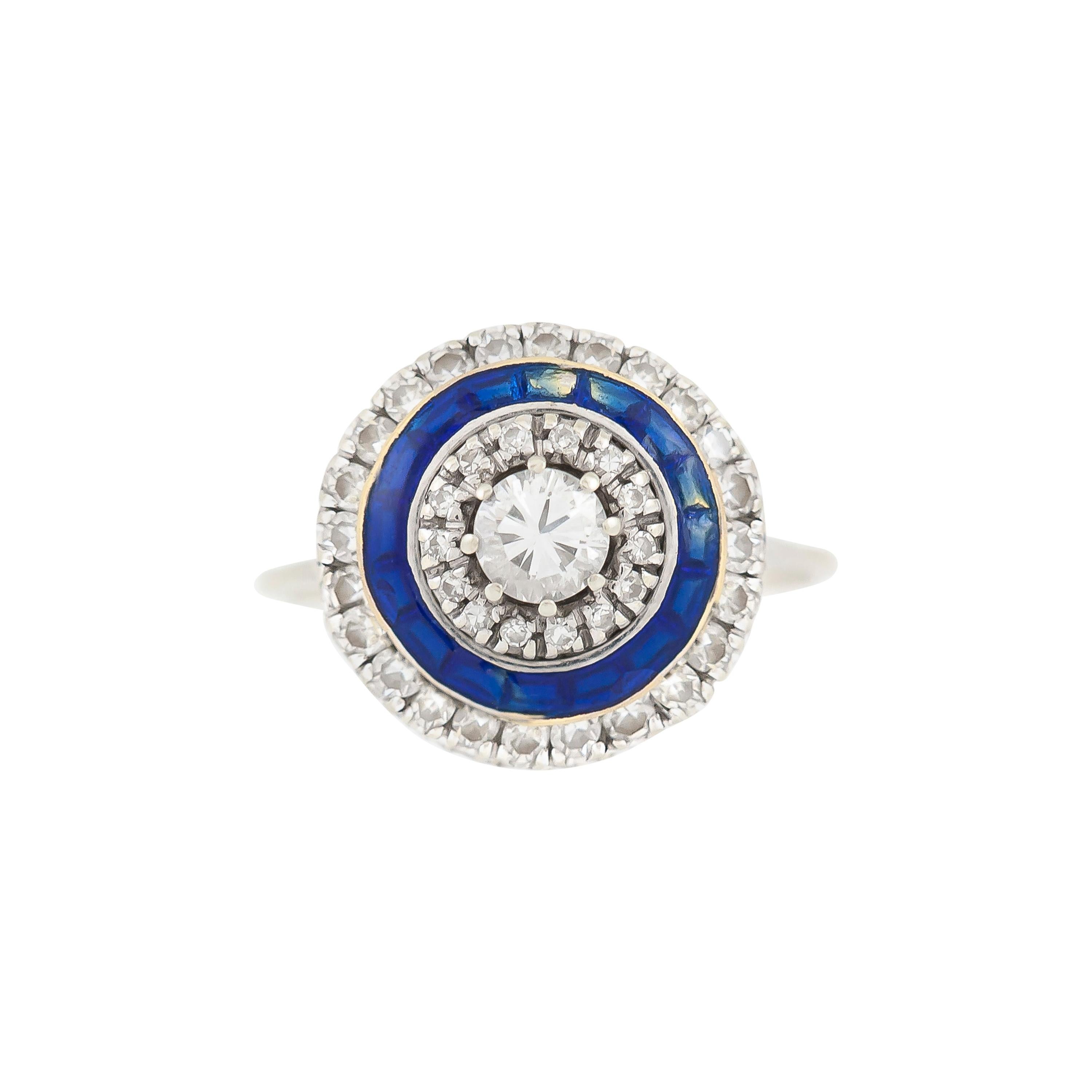 Orbicularer Diamantring mit blauer Emaille auf 18 Karat Weißgold