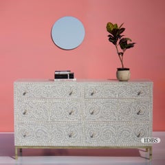 Spiral Leaf Bone Inlay Six-Drawer Dresser with Gold Legs by House of Jaipur