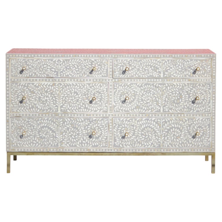 gold inlay dresser La Junta Diamond Empire Solid Wood Brass Inlay 6 Drawer Double Dresser