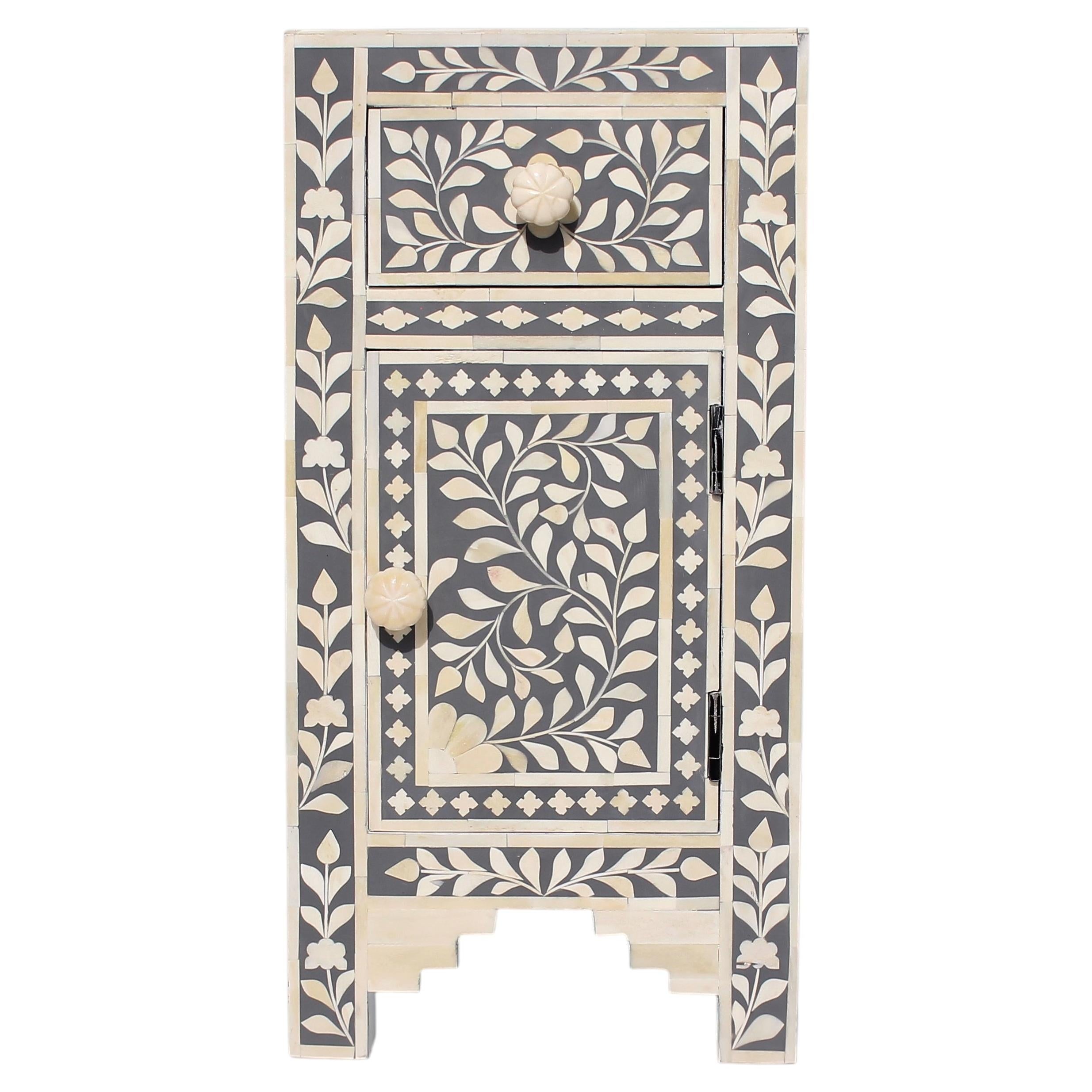 Spiral Leaf & Floral Bone Inlay Arched Side Table, Bone Knob by House of Jaipur