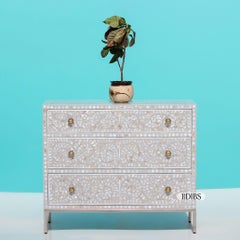 Spiral Leaf & Floral Mother of Pearl Inlay Dresser, Gold Legs by House of Jaipur